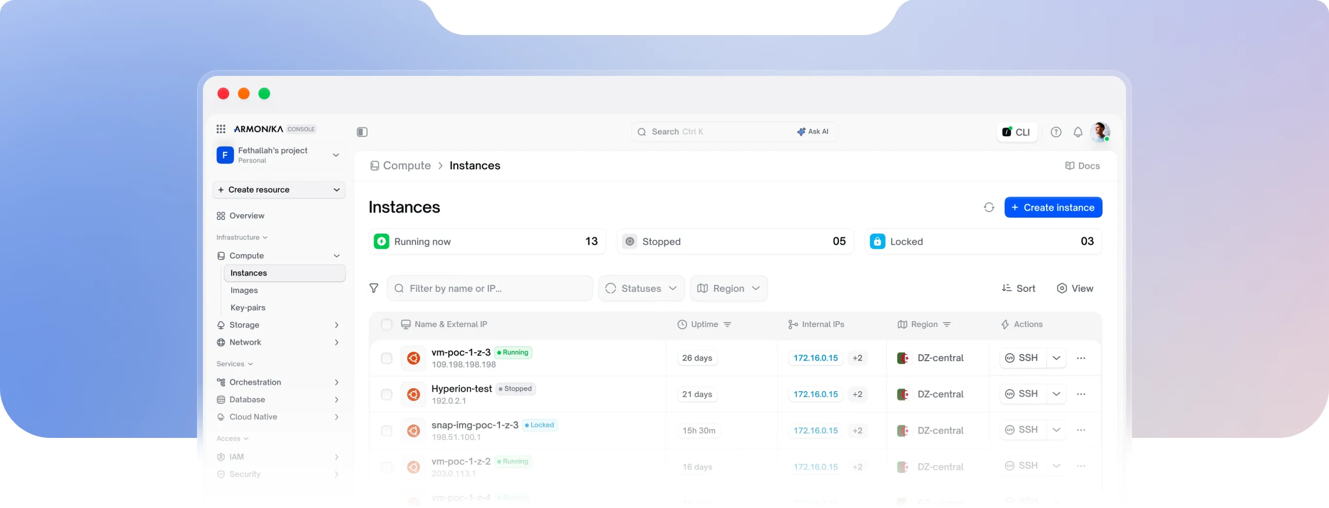 Armonika cloud console — instances dashboard